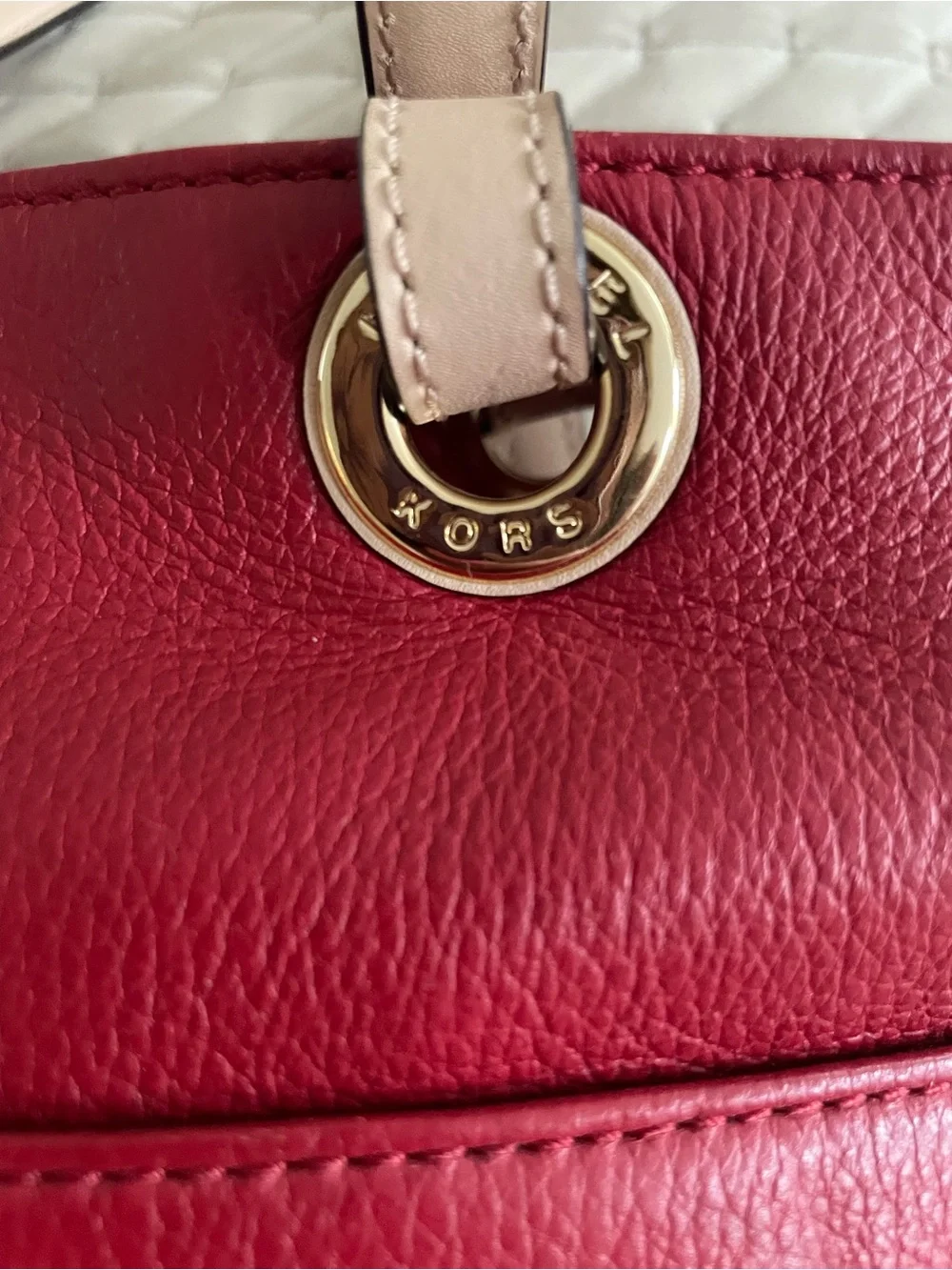 MICHAEL KORS Red Leather Tote with Beige Handles